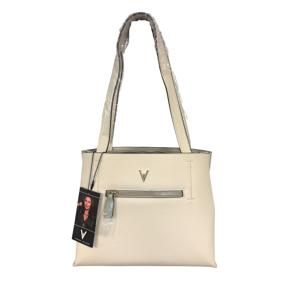 NWT Vanessa Williams Cream Light Green Pebble Grain Tote Purse Bag Minimalist